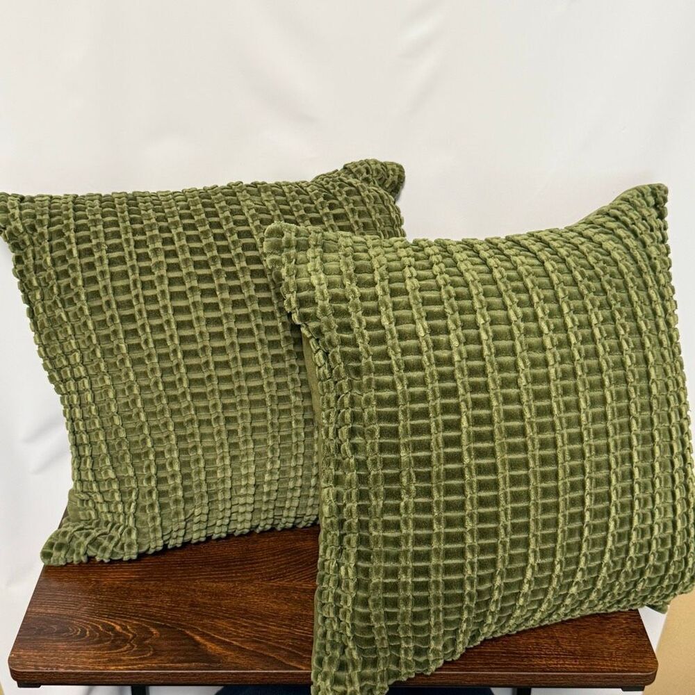 Crate & Barrel 2 green velvet pillows 18x18